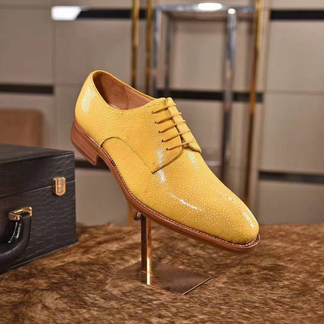 GenuinePearl Stingray Leather Mens Wingtip Formal Lace up Wedding Office Shoes Yellow