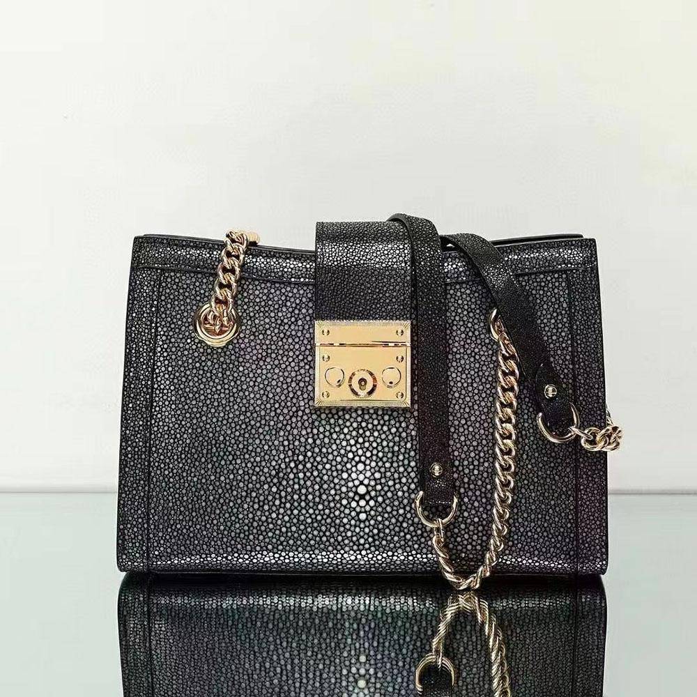 GenuinePearl Stingray Leather Tote Shoulder Chain Bag Black