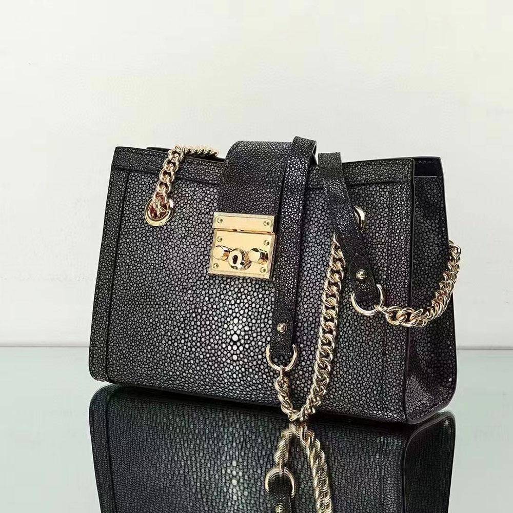 GenuinePearl Stingray Leather Tote Shoulder Chain Bag Black