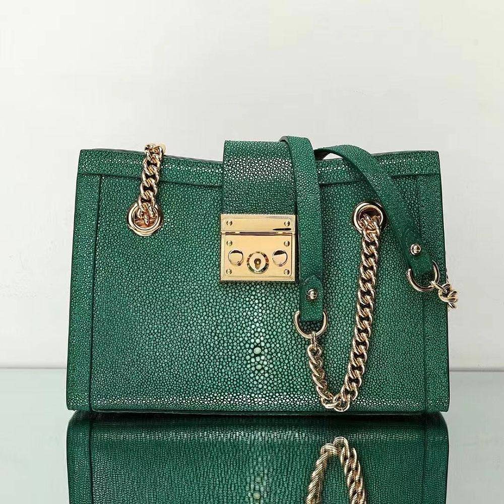 GenuinePearl Stingray Leather Tote Shoulder Chain Bag Green Dark Green