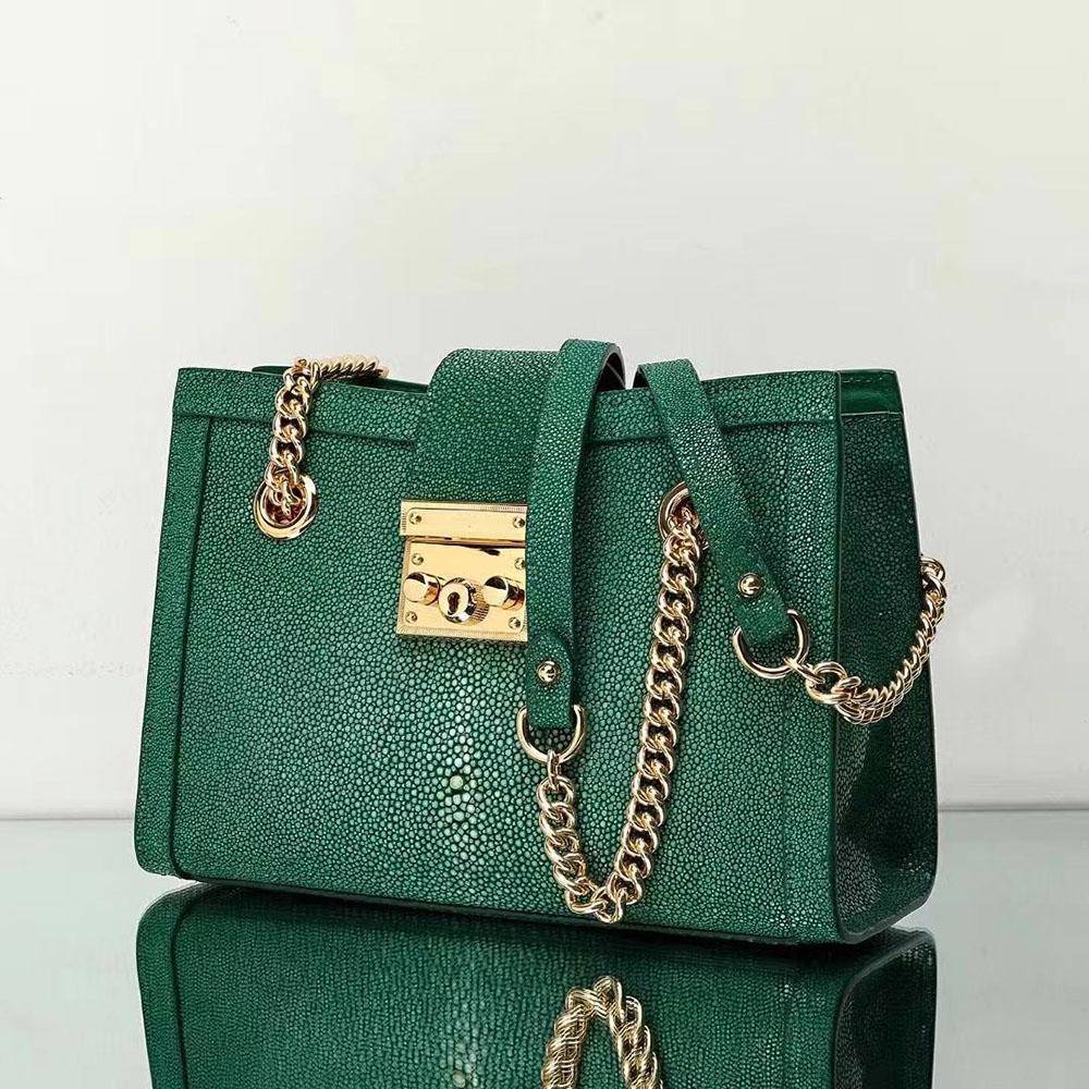 GenuinePearl Stingray Leather Tote Shoulder Chain Bag Green Dark Green