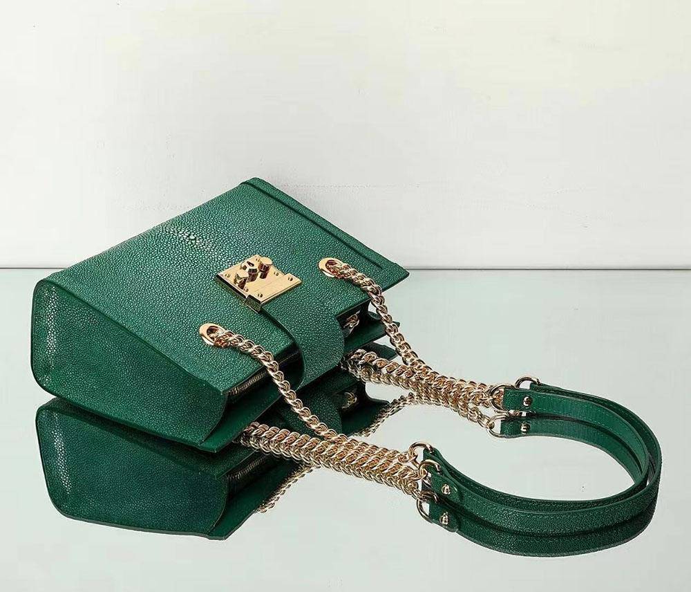 GenuinePearl Stingray Leather Tote Shoulder Chain Bag Green Dark Green