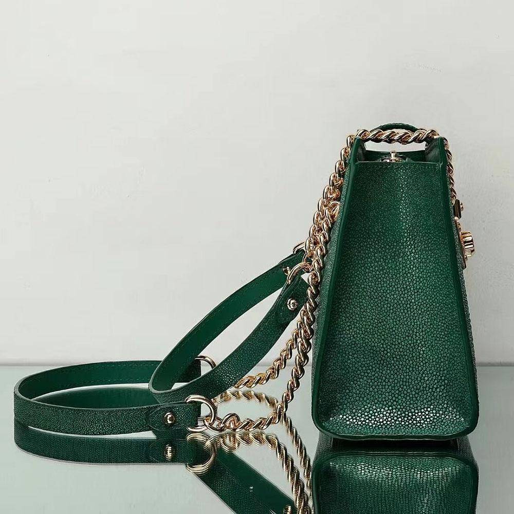 GenuinePearl Stingray Leather Tote Shoulder Chain Bag Green Dark Green