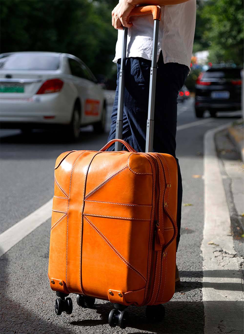 Unisex Genuine Vintage Vegetable Tanned Leather Carry On Business Trolley Bag Rotate Universal Wheel 20 Inch Travelling Luggage Bag