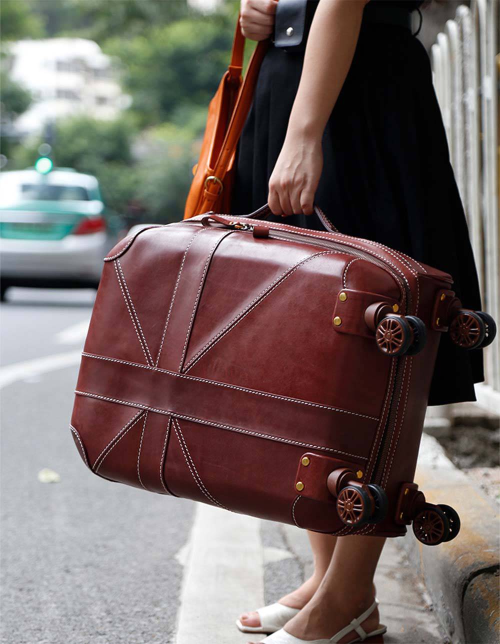 Unisex Genuine Vintage Vegetable Tanned Leather Carry On Business Trolley Bag Rotate Universal Wheel 20 Inch Travelling Luggage Bag