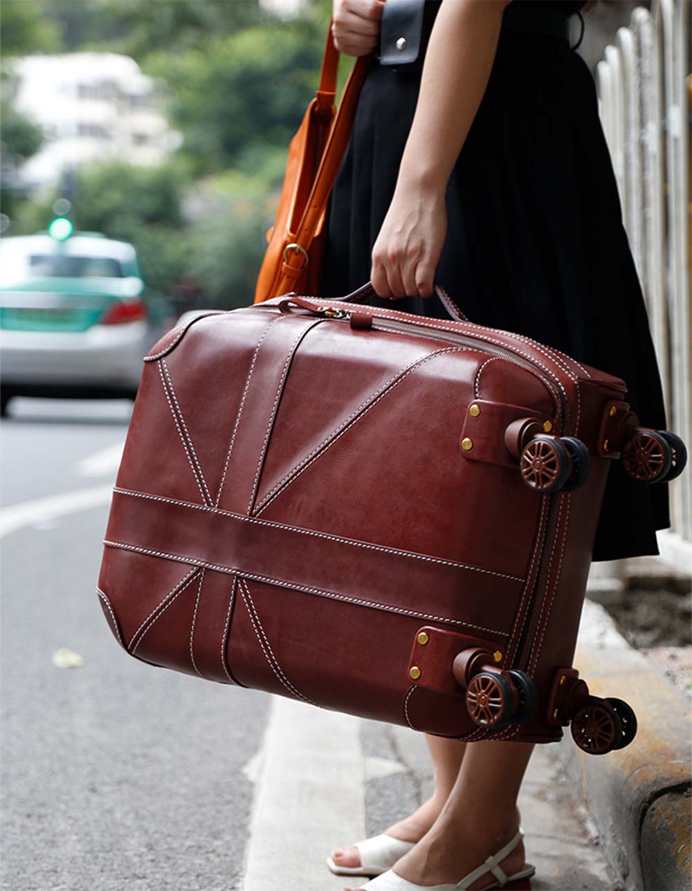 Unisex Genuine Vintage Vegetable Tanned Leather Carry On Business Trolley Bag Rotate Universal Wheel 20 Inch Travelling Luggage Bag