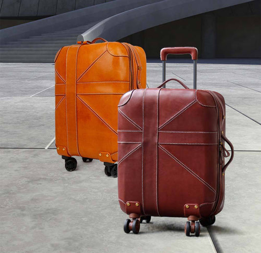 Unisex Genuine Vintage Vegetable Tanned Leather Carry On Business Trolley Bag Rotate Universal Wheel 20 Inch Travelling Luggage Bag