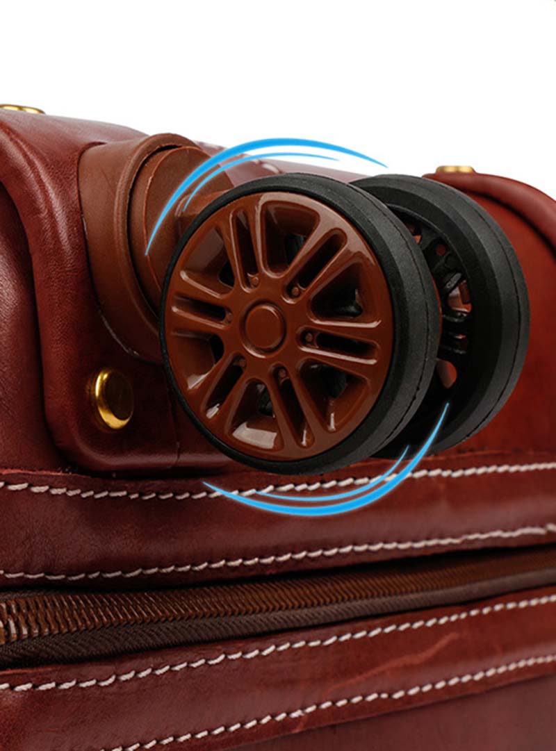 Unisex Genuine Vintage Vegetable Tanned Leather Carry On Business Trolley Bag Rotate Universal Wheel 20 Inch Travelling Luggage Bag