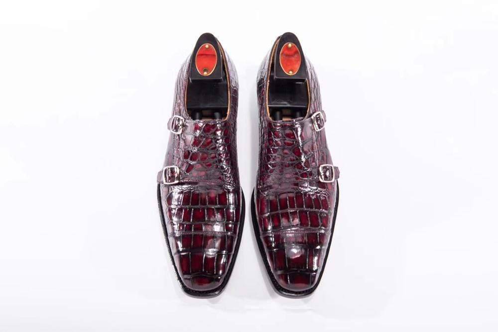 Crocodile Shoes Goodyear Fashion Double Monk Strap Mens Dress Shoes Crocodile Leather - Wine Red