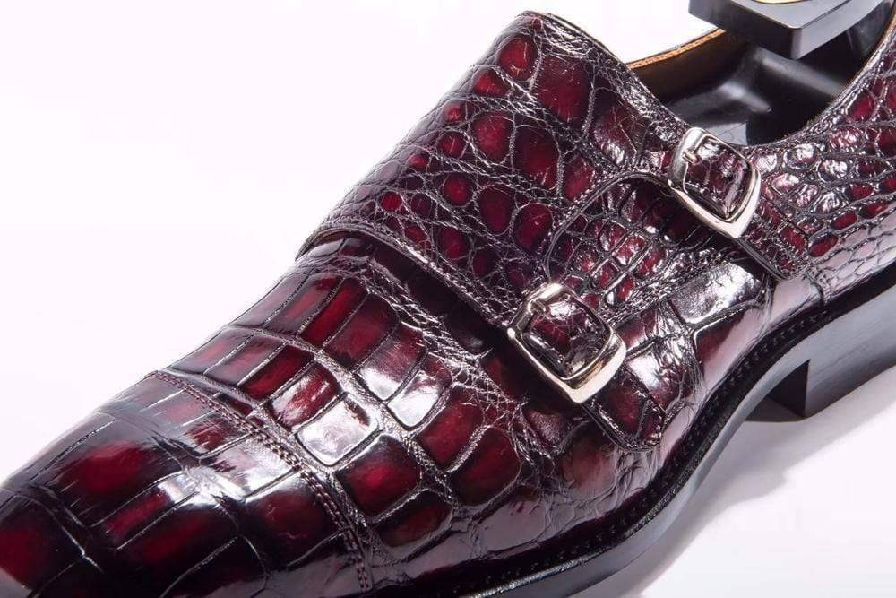 Crocodile Shoes Goodyear Fashion Double Monk Strap Mens Dress Shoes Crocodile Leather - Wine Red