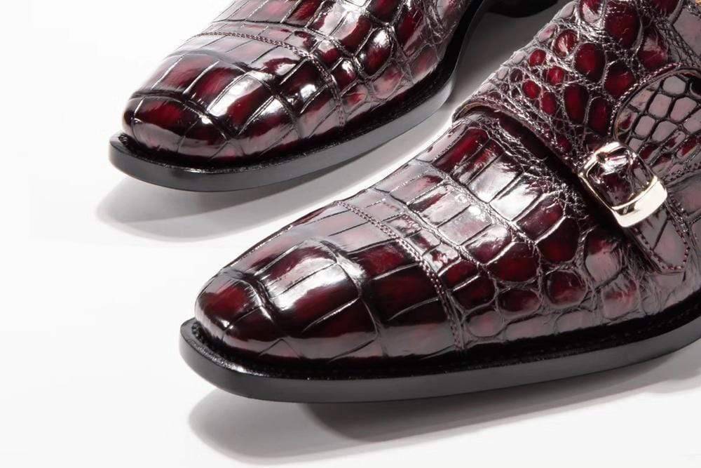 Crocodile Shoes Goodyear Fashion Double Monk Strap Mens Dress Shoes Crocodile Leather - Wine Red