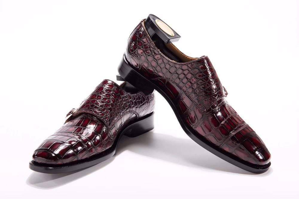 Crocodile Shoes Goodyear Fashion Double Monk Strap Mens Dress Shoes Crocodile Leather - Wine Red