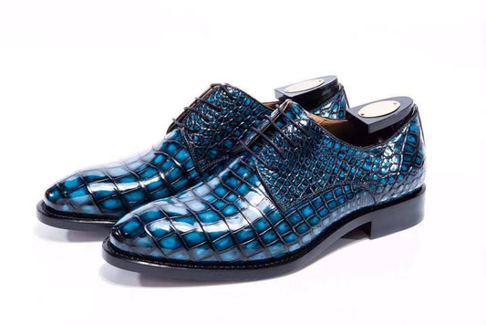 Crocodile Shoes Goodyear Welted Handmade Men Crocodile Leather Lace-Up Shoes,Teal Blue Mens Dress  shoes