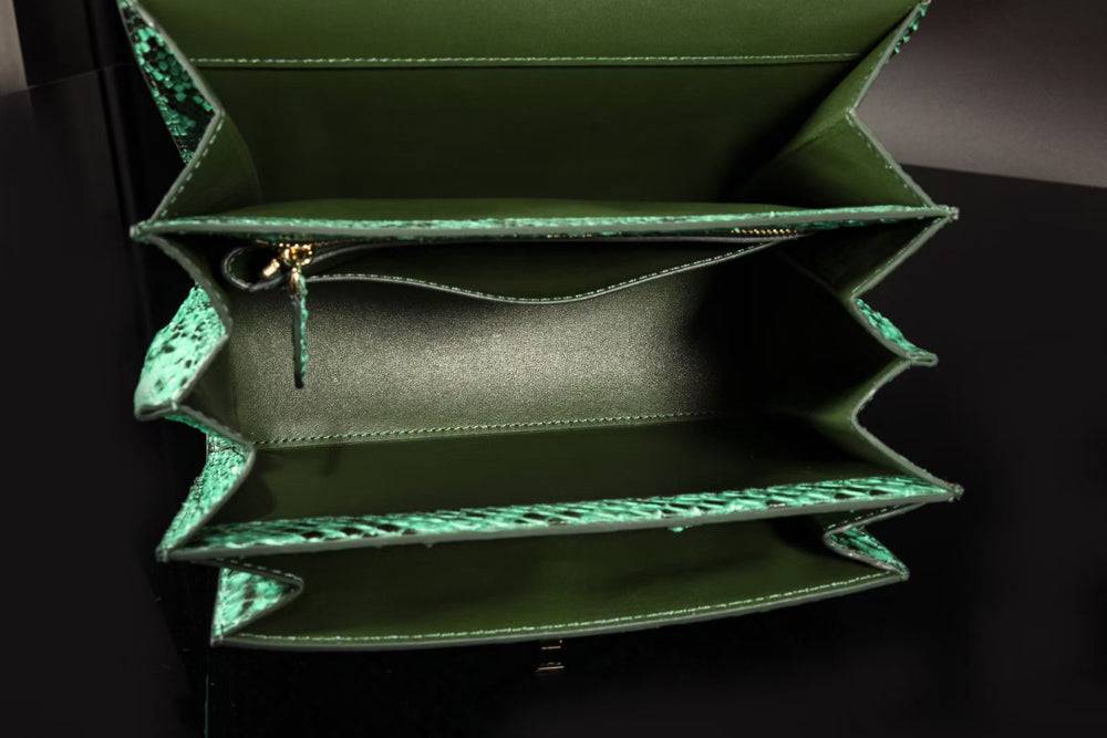 Green Genuine Python Leather Top Handle Bag