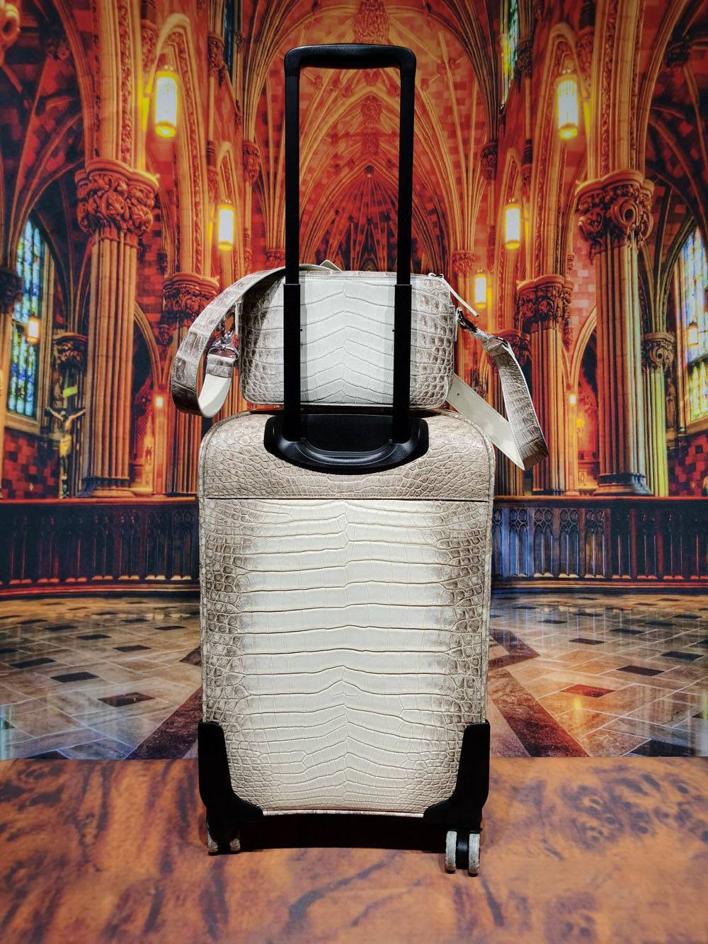 Himalaya White  Crocodile  Skin Leather luggage /Roll Aboard Suitcase Weekend/Travel Bag Trolley Case Universal Wheels 20-Inch