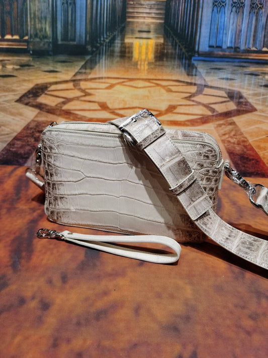Preorder Himalaya White Genuine Crocodile Skin Leather Shoulder Chest Cross Body Clutch Bag