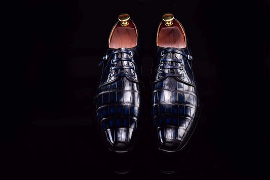 Preorder Lace-Up Shoes In Dark Blue Crocodile Skin Leather