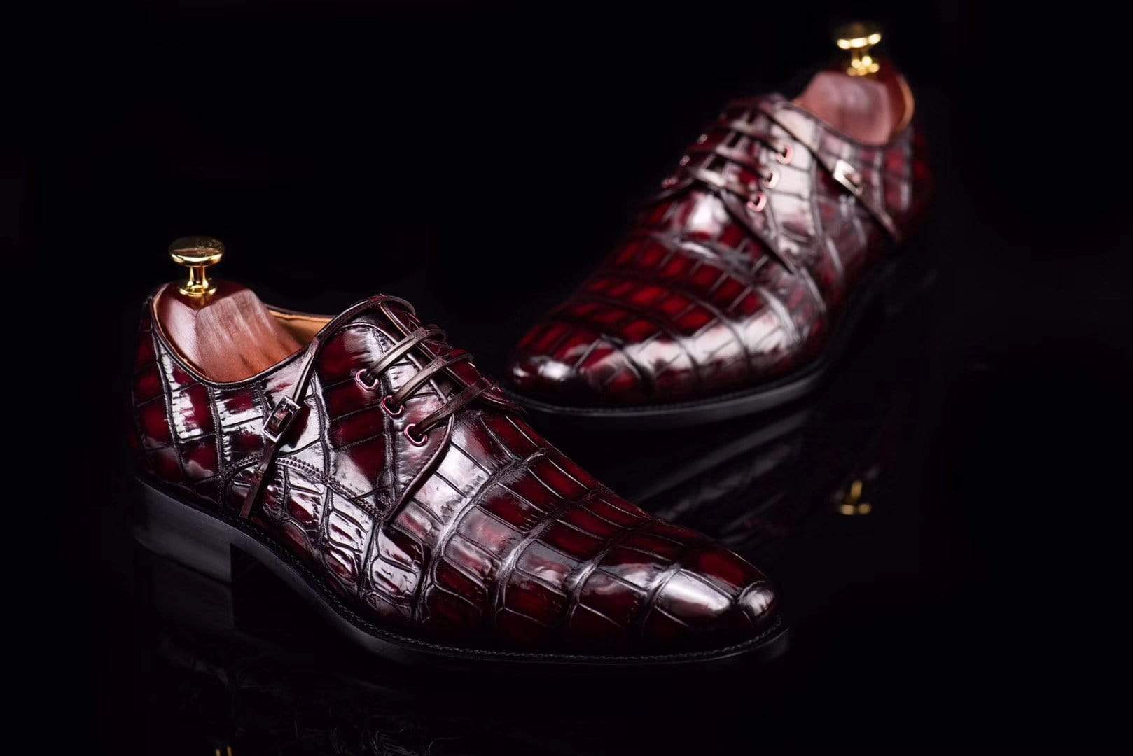 Crocodile Shoes Lace-Up Shoes In Wine Red Crocodile Skin Leather