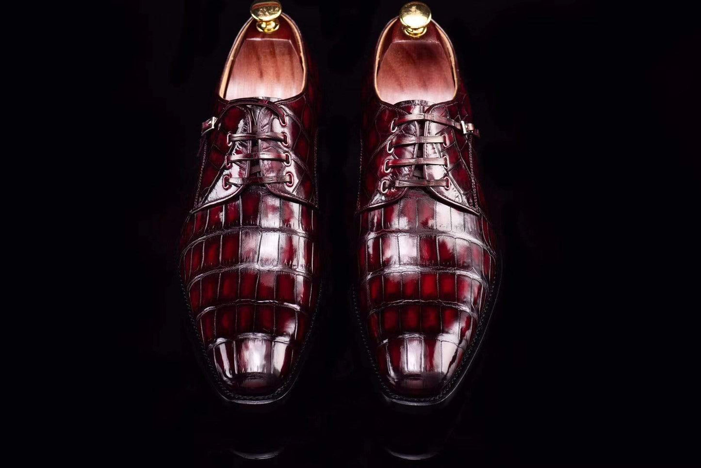 Crocodile Shoes Lace-Up Shoes In Wine Red Crocodile Skin Leather