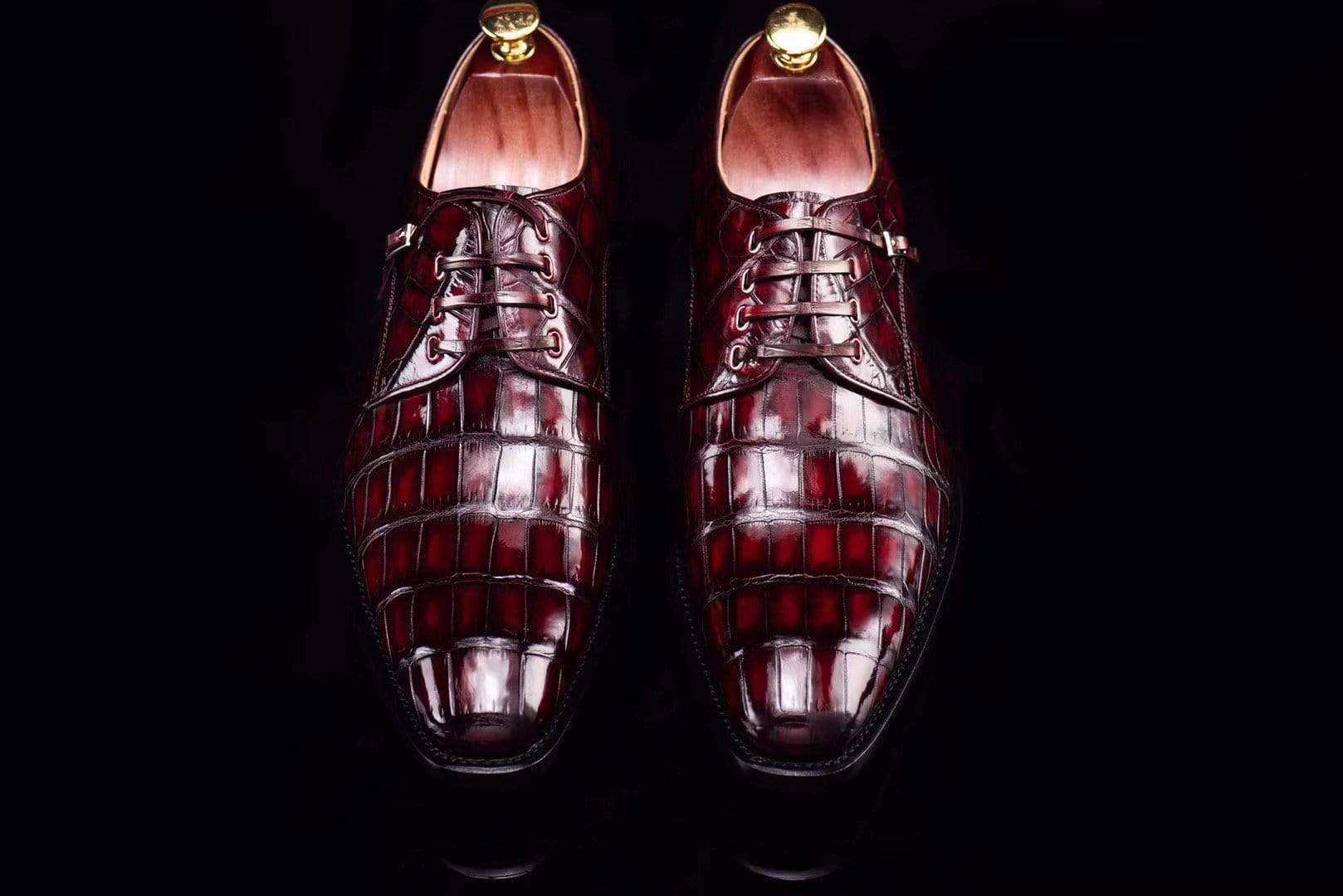 Crocodile Shoes Lace-Up Shoes In Wine Red Crocodile Skin Leather