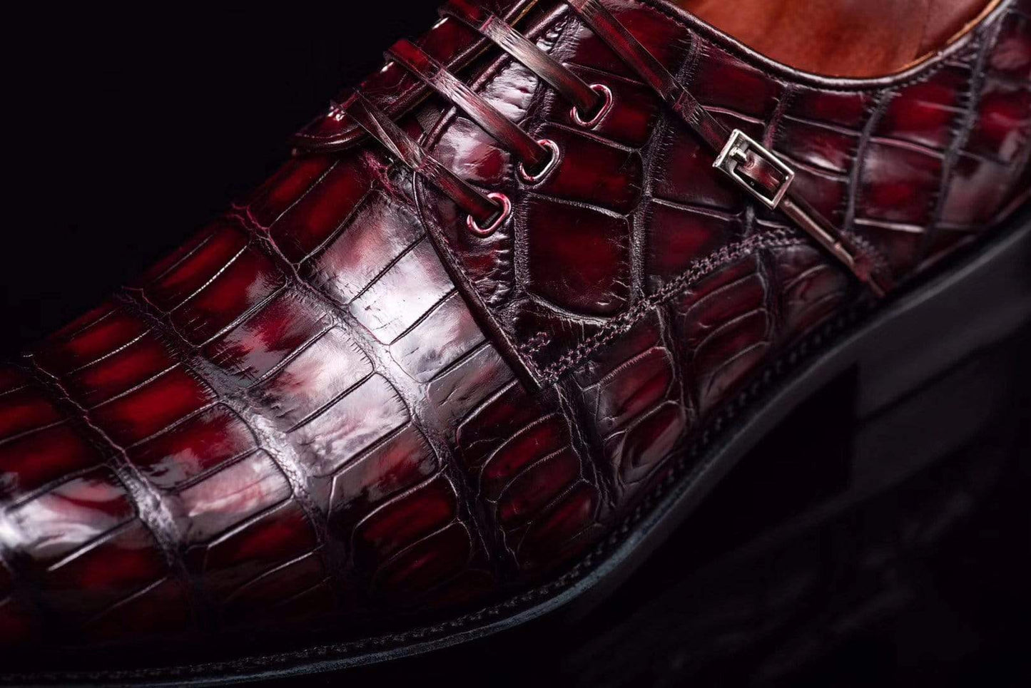 Crocodile Shoes Lace-Up Shoes In Wine Red Crocodile Skin Leather