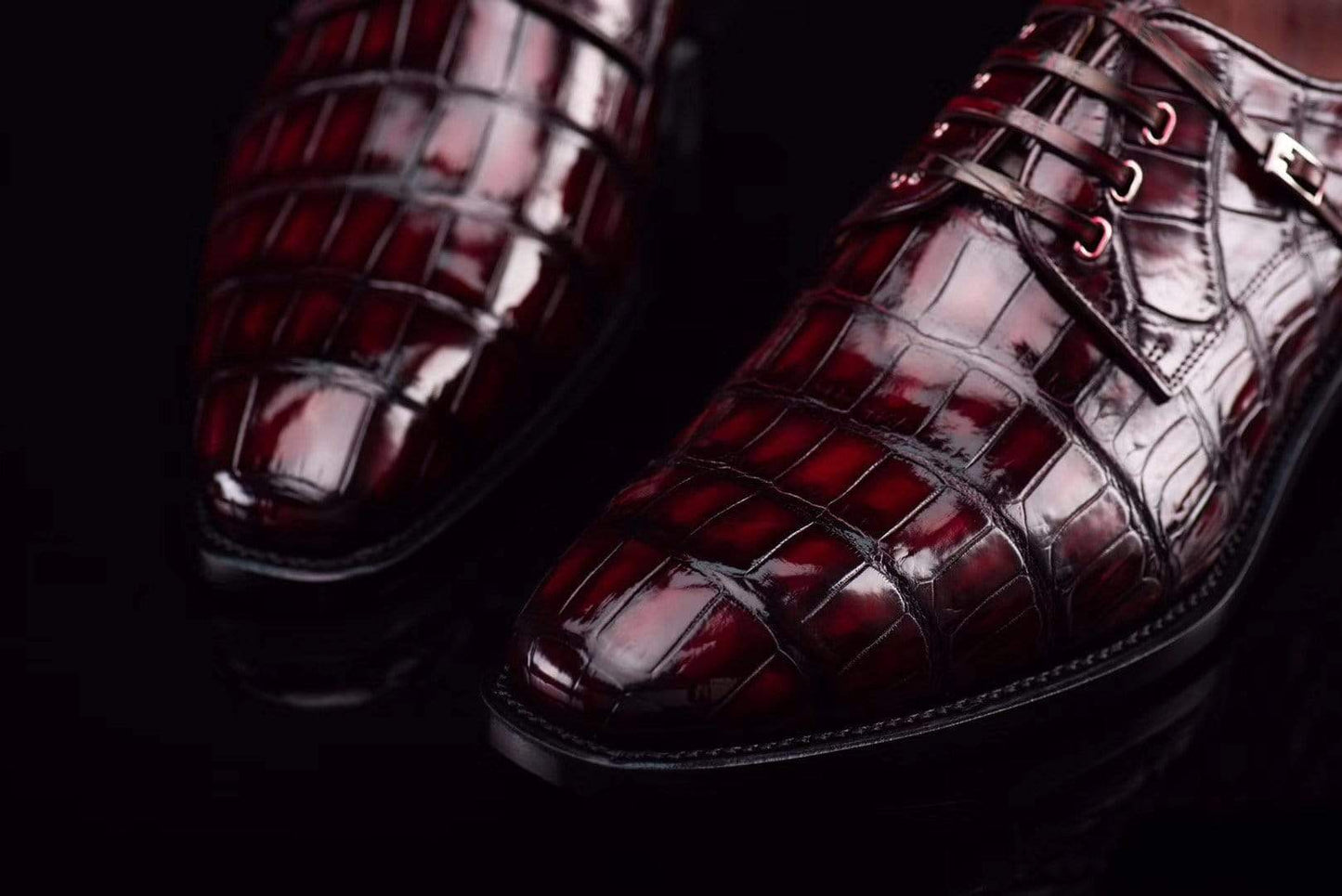 Crocodile Shoes Lace-Up Shoes In Wine Red Crocodile Skin Leather