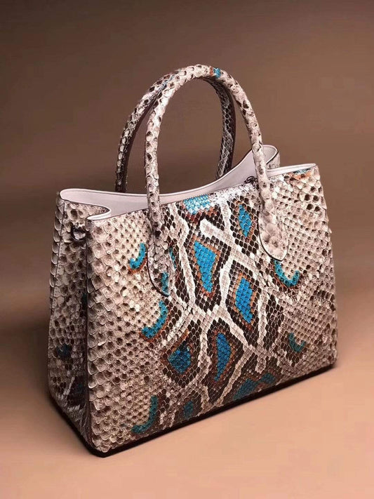 Genuine Python Leather Top Handle Tote Shoulder Bags Multi Blue