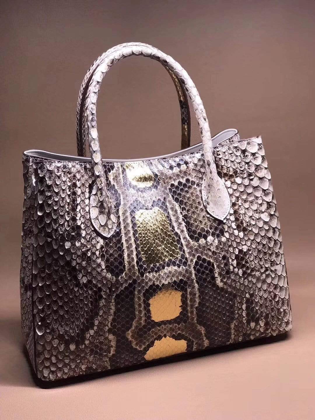 Genuine Python Leather Top Handle Tote Shoulder Bags Large Gold