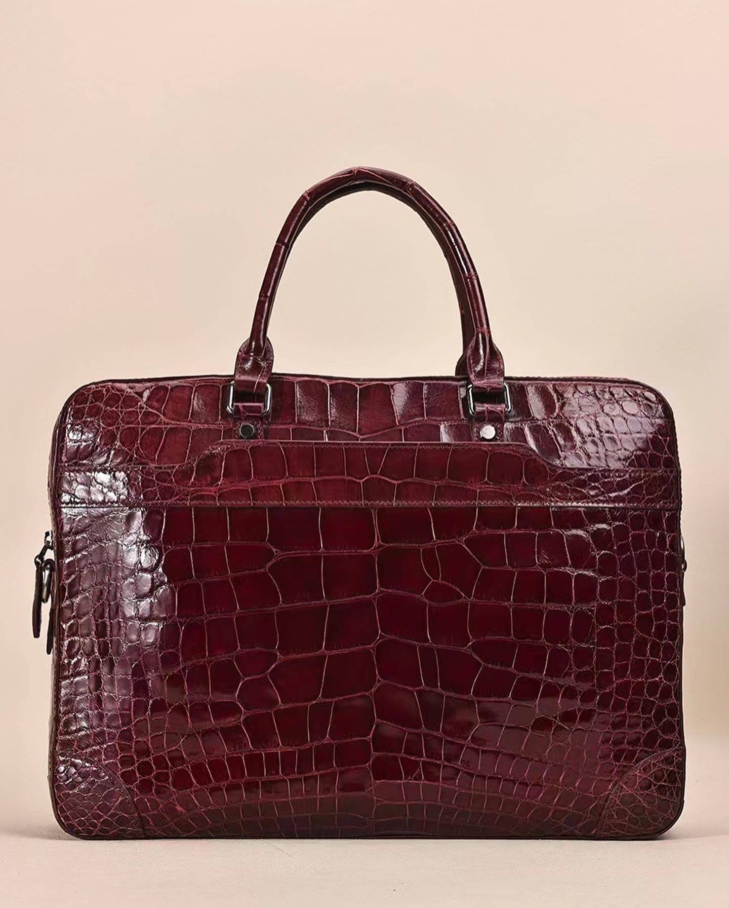 Men Genuine Crocodile Leather  Briefcase Wine Red