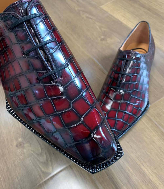 Crocodile Shoes Men's Crocodile Leather Brushed Wine Red Business Dress  Lace Up Shoes