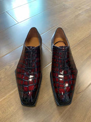Crocodile Shoes Men's Crocodile Leather Brushed Wine Red Business Dress  Lace Up Shoes