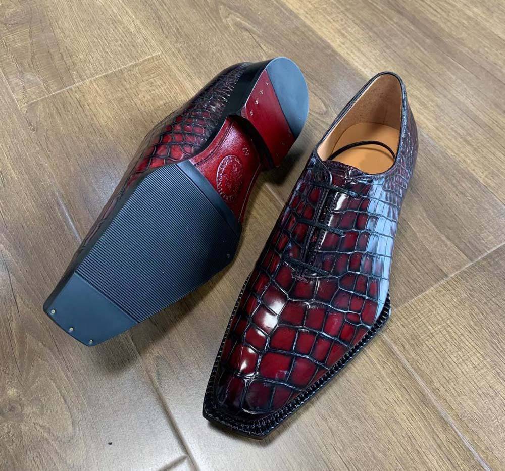 Crocodile Shoes Men's Crocodile Leather Brushed Wine Red Business Dress  Lace Up Shoes