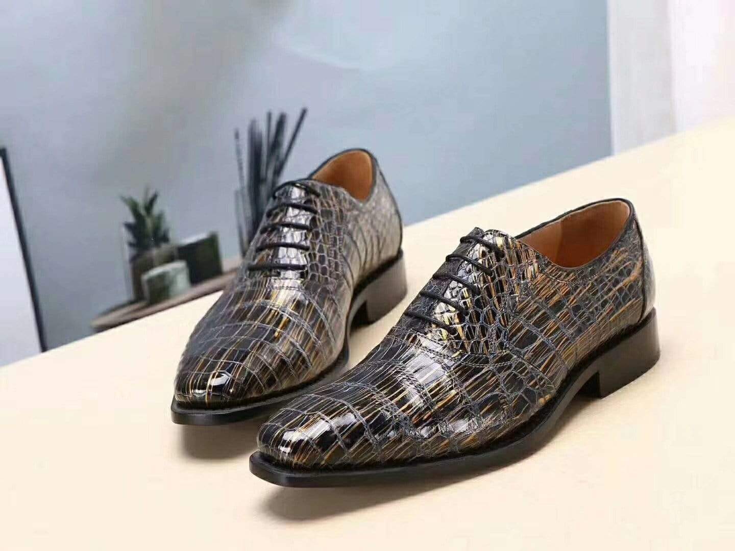 Crocodile Shoes Men s Crocodile Leather Gold burnishes  Lace-Up Shoes ,Goodyear Sole