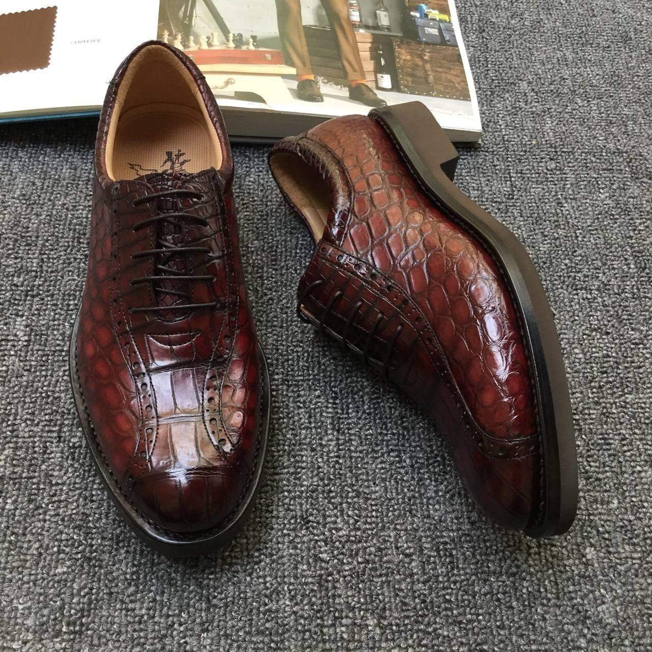 Crocodile Shoes Men s Crocodile Leather Hand-Painted  Lace-Up Shoes ,Goodyear Welted  Brogue Shoes