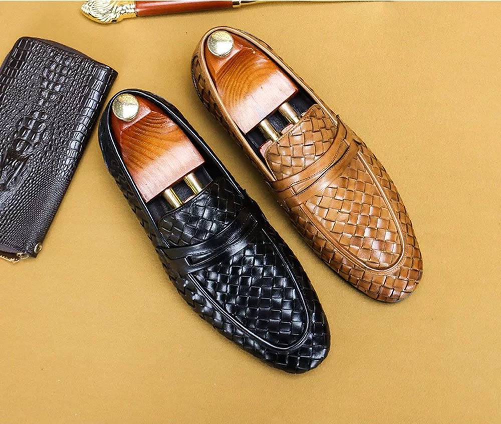 Men's Genuine Leather Handmade Woven Loafer Slip On Business Shoes