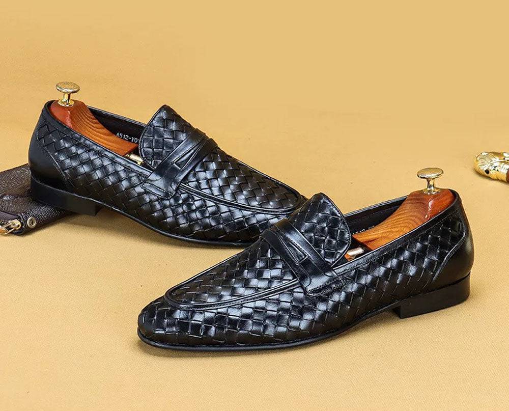 Men's Genuine Leather Handmade Woven Loafer Slip On Business Shoes