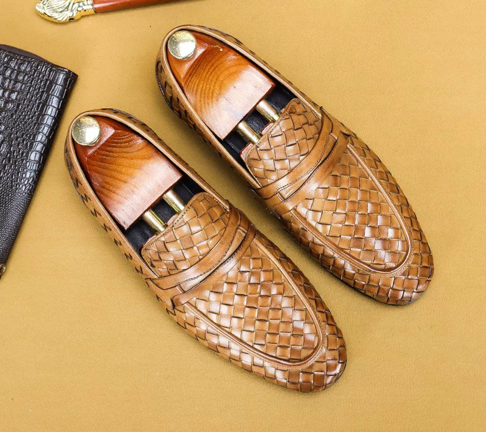 Men's Genuine Leather Handmade Woven Loafer Slip On Business Shoes