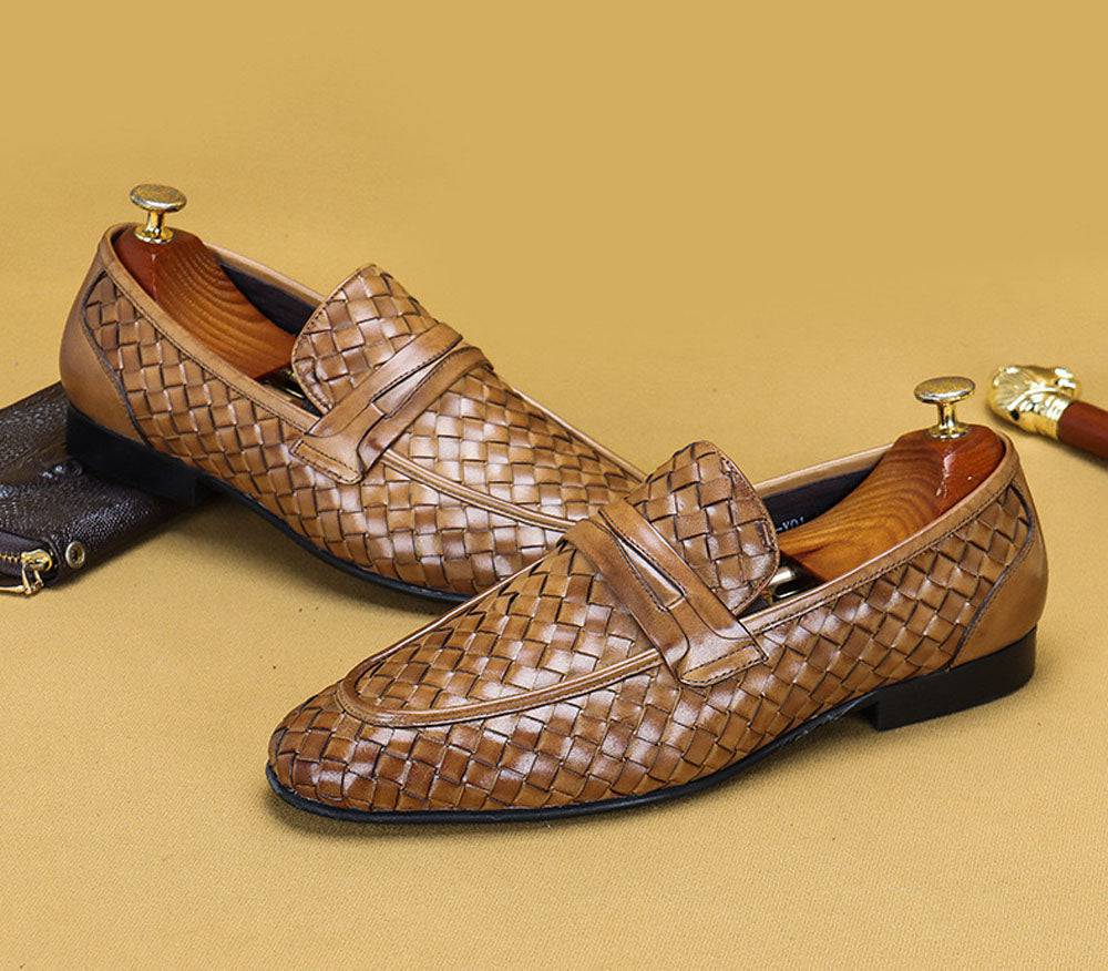 Men's Genuine Leather Handmade Woven Loafer Slip On Business Shoes