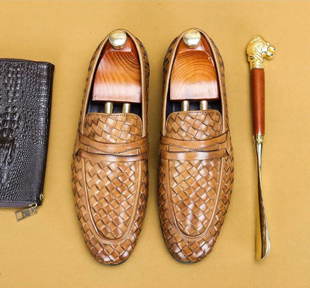 Men's Genuine Leather Handmade Woven Loafer Slip On Business Shoes