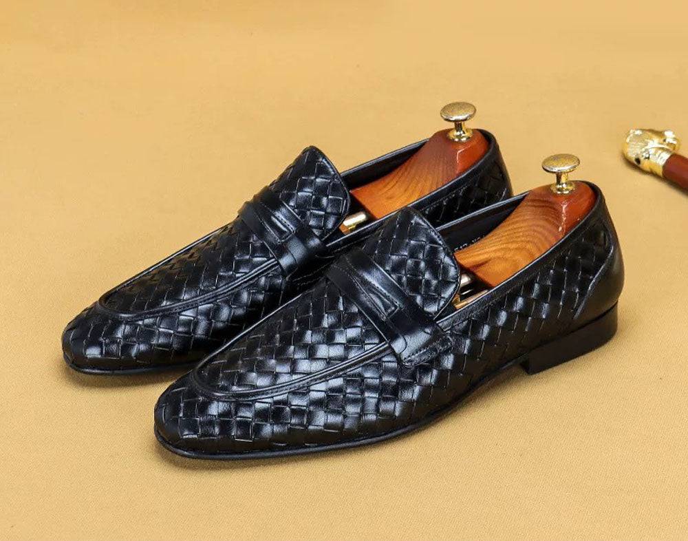 Men's Genuine Leather Handmade Woven Loafer Slip On Business Shoes