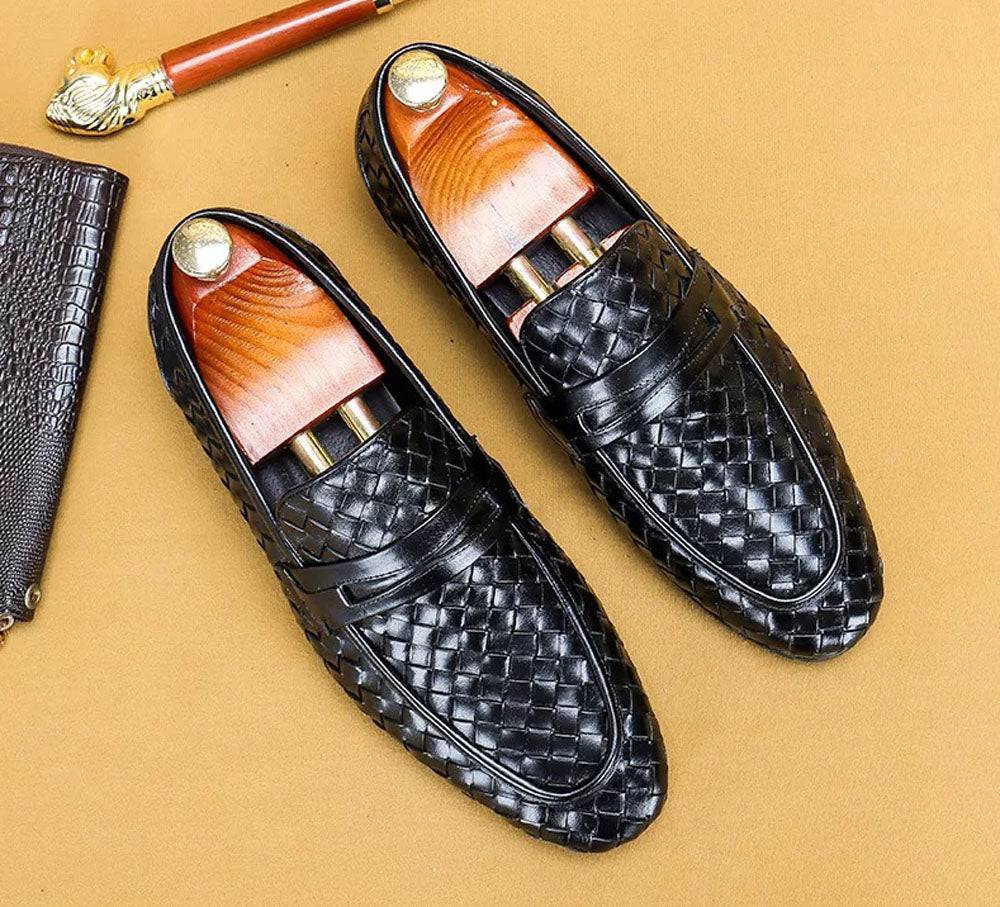 Men's Genuine Leather Handmade Woven Loafer Slip On Business Shoes