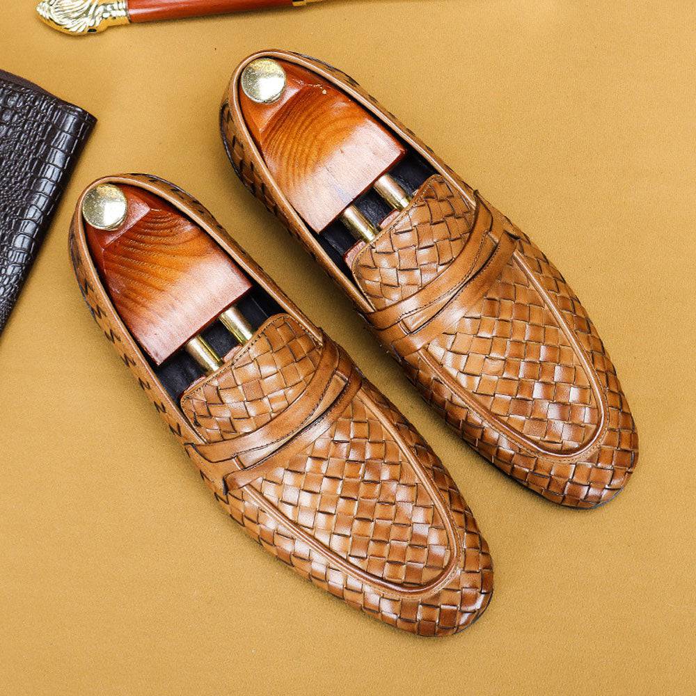 Men's Genuine Leather Handmade Woven Loafer Slip On Business Shoes