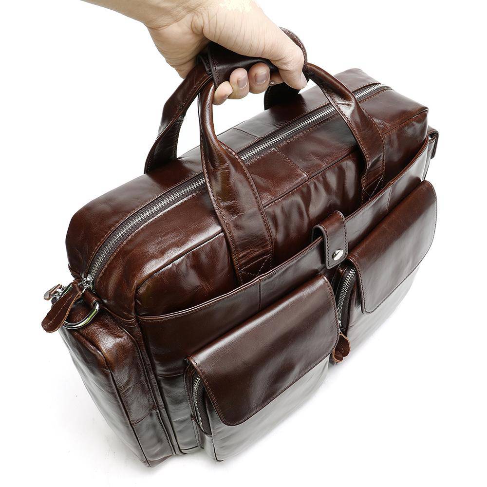 Men's Leather Briefcase Messenger Bag 14 Inch Laptop Shoulder Bag Large Volumn Business Briefcase With Trolley Belt