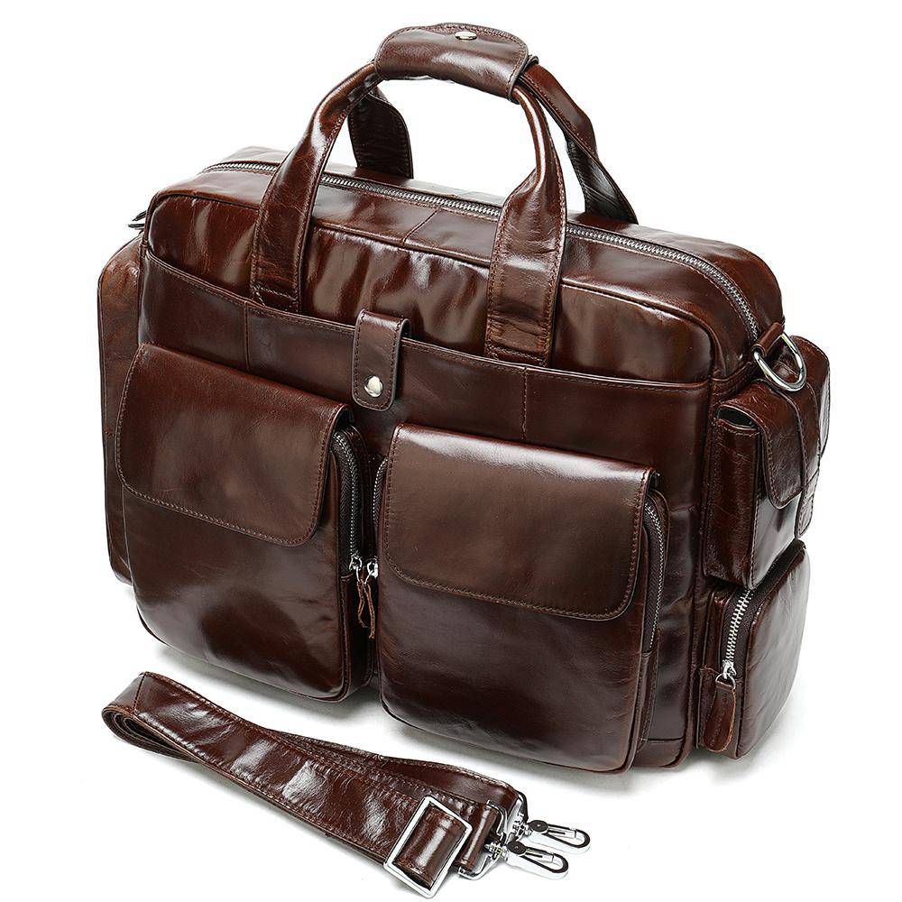 Men's Leather Briefcase Messenger Bag 14 Inch Laptop Shoulder Bag Large Volumn Business Briefcase With Trolley Belt