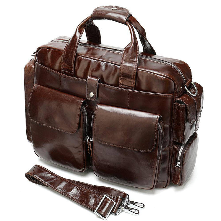 Men's Leather Briefcase Messenger Bag 14 Inch Laptop Shoulder Bag Large Volumn Business Briefcase With Trolley Belt
