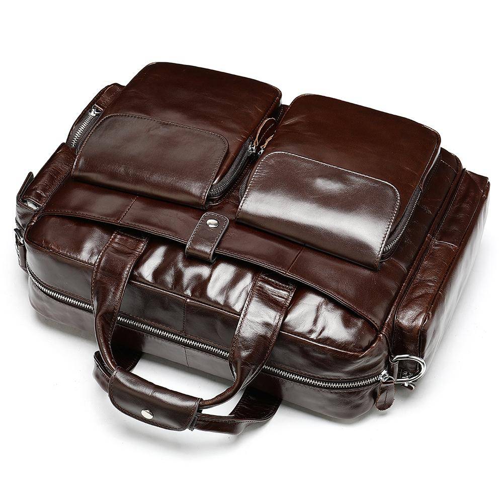 Men's Leather Briefcase Messenger Bag 14 Inch Laptop Shoulder Bag Large Volumn Business Briefcase With Trolley Belt