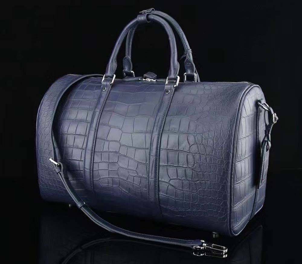 Men's Matt Genuine Crocodile Leather Travel Duffel Bags Dark Blue