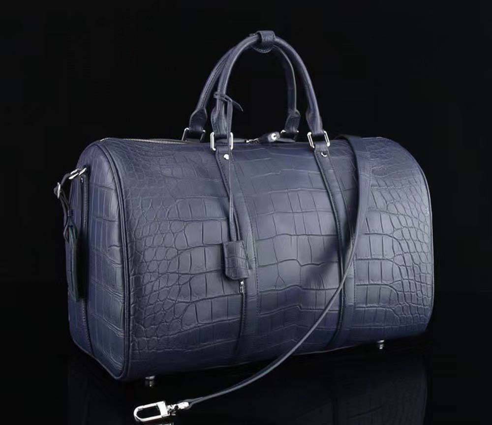 Men's Matt Genuine Crocodile Leather Travel Duffel Bags Dark Blue