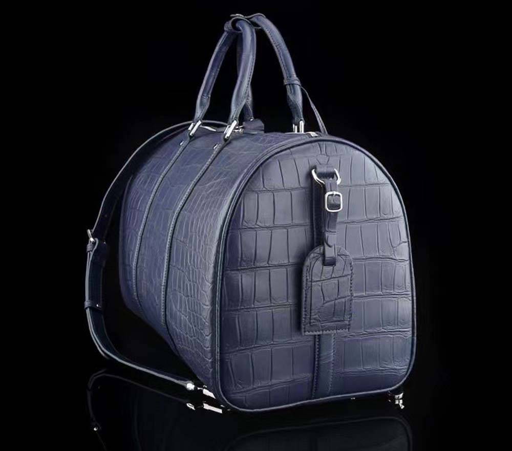 Men's Matt Genuine Crocodile Leather Travel Duffel Bags Dark Blue