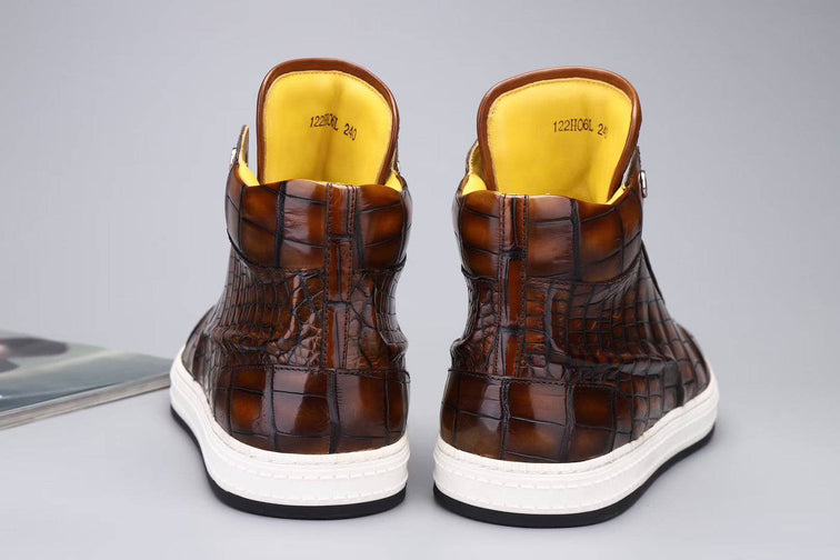 Crocodile Shoes Men's Sneakers , Genuine Crocodile Skin Leather High Heel Sneakers Grey,Brown